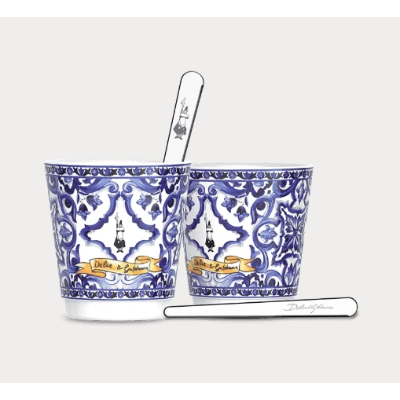 Bialetti 2 Porcelain Cups & 2 Golden Stirrer Gift Set D&G Mediterranean Blue